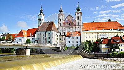 Panoramic view of the dam and the Steyr. Stock Photo