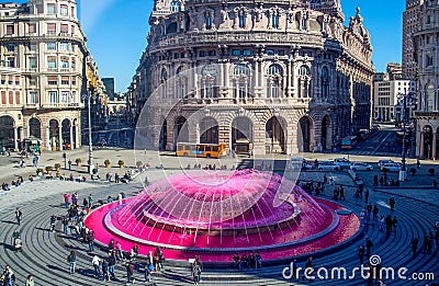 Panoramic view of De Ferrari square in Genoa, the heart of the city with the central fountain, Itsly. Editorial Stock Photo