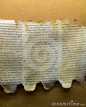 Panoramic view of Dead Sea Scrolls on display at the caves of Qumran. They consist biblical and non-biblical manuscripts Editorial Stock Photo