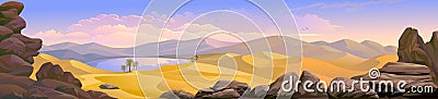 Panoramic view of a desert with an oasis in the middle of the sand dunes. Vector Illustration