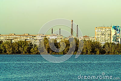 Panoramic view of Dnipro river. Cityscape Housing estate Sunny Mural artwork Editorial Stock Photo