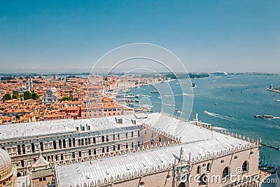 Panoramic view of the Dodge Palace, the Adriatic Sea and red-tiled roofs of houses in Venice, Italy Stock Photo