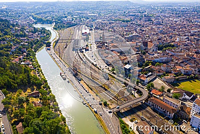 Panoramic view from the drone on the city Agen. Stock Photo