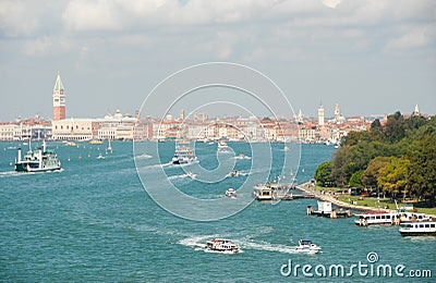 Panoramic view entrance by sea to the St Mark Canal in Venice Stock Photo