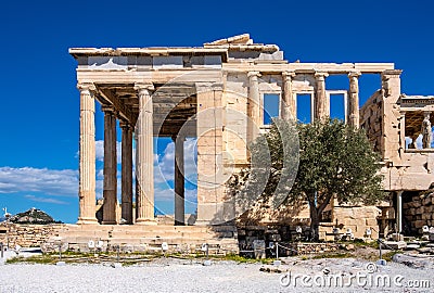 Panoramic view of Erechtheion or Erechtheum - temple of Athena and Poseidon - within ancient Athenian Acropolis complex atop Editorial Stock Photo