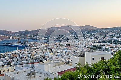 Panoramic View of Ermoupolis City in Syros Island, Greece at Sunset. Beautiful Bay and View of the Aegean Sea Editorial Stock Photo