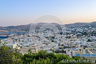 Panoramic View of Ermoupolis City, Syros Island, Greece at Sunset. Beautiful Bay and View of the Aegean Sea, Mountains and Sky. Editorial Stock Photo