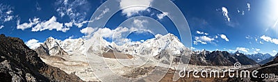 Panoramic view of Everest, Pumori, Kala Patthar and Nuptse with beautiful clouds on sky, Khumbu valley and glacier, Sagarmatha Stock Photo