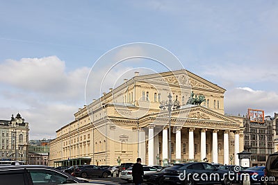 Panoramic view of facade of main building of Bolshoi Theater, Moscow, Russia Editorial Stock Photo