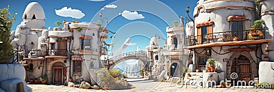 Panoramic view of fairy tale town street with white houses, fantasy world, game location. Horizontal summer cityscape Stock Photo