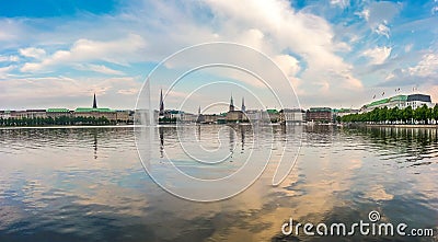 Panoramic view of famous Binnenalster (Inner Alster Lake) in golden evening light at sunset, Hamburg, Germany Stock Photo