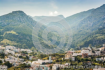 Panoramic view on famous moroccan blue city Chefchaouen, Morocco Stock Photo