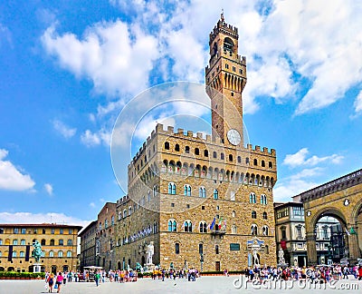 Panoramic view of famous Piazza della Signoria with Palazzo Vecchio in Florence, Tuscany, Italy Editorial Stock Photo