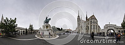 Panoramic view of Fishermen`s Bastion Square with the equestrian statue of Saint Stephen I and the Matthias Church, Budapest Editorial Stock Photo