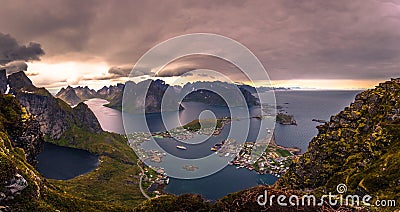 Panoramic view of the fishing town of Reine from the top of the Reinebringen viewpoint in the Lofoten Islands, Norway Stock Photo