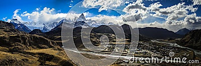 Panoramic view on the Fitz Roy and El Chalten, from the surrounding mountains, Patagonia, Argentina Stock Photo