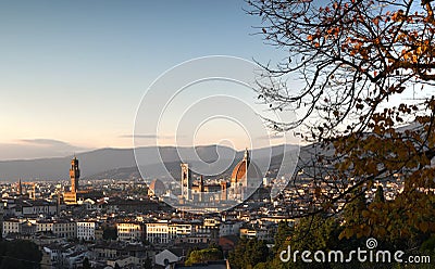 Panoramic view of the Florence city skyline at sunset from the hills near Piazzale Michelangelo. From left to right the tower of Stock Photo