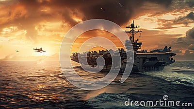 panoramic view of a generic military aircraft carrier ship with fighter jets Stock Photo