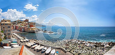 Panoramic view of Genoa Boccadasse, a fishing village and colorful houses in Genoa, Italy Editorial Stock Photo