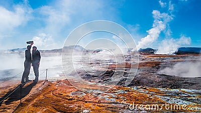 Panoramic view of geothermal active zone Hverir on Iceland Editorial Stock Photo