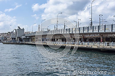 Panoramic view of Golden Horn and Galata bridge from Karakoy district. Popular fish restaurants place in Istanbul. Editorial Stock Photo