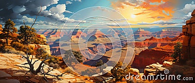 Panoramic view of Grand Canyon National Park, Arizona, USA. Digital oil color painting Stock Photo