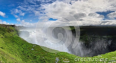 Panoramic view of Gullfoss waterfall on the HvÃ­tÃ¡ river, a popular tourist attraction and part of the Golden Circle Tourist Stock Photo