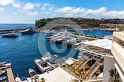 Panoramic view of Hercules Port and yacht marina at French Riviera coast in Monte Carlo district of Monaco Principate Editorial Stock Photo