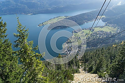 Panoramic view from Herzogstand to the cable car at Walchensee. Stock Photo