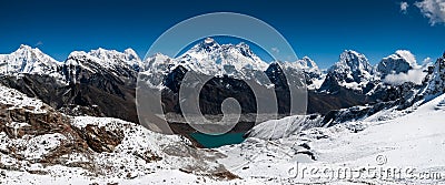 Panoramic view of Himalaya summits: Everest, Lhotse, Nuptse Stock Photo
