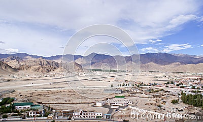 The panoramic view of the Himalayan mountains shot atop Shey Palace, Leh Stock Photo