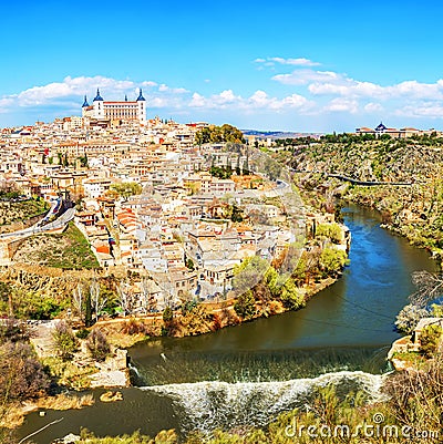 Panoramic view of the historic city of Toledo with river Tajo, S Stock Photo