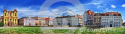 Panoramic view with historical buildings in Union square.Timisoara, Romania Editorial Stock Photo