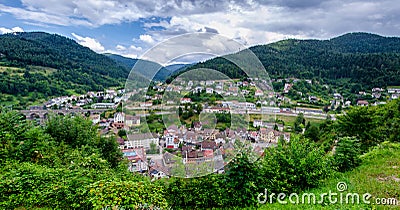 Panoramic view on Hornberg city in valley of Black forest mountains, Baden Wurttemberg land, Germany Stock Photo