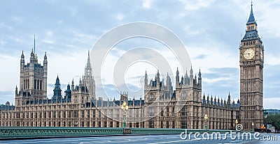 Panoramic view of the Houses of Parliament, Palace of Westminster and Westminster Bridge. Stock Photo