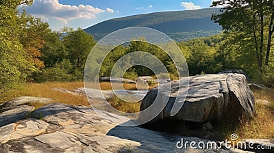 Panoramic view of huge rock with mountains and forest in the background Stock Photo