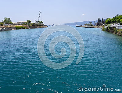 Panoramic view from the immersion bridge in Isthmia to the Entrance to the Corinth Canal from the Saronic Gulf in the Peloponnese Stock Photo