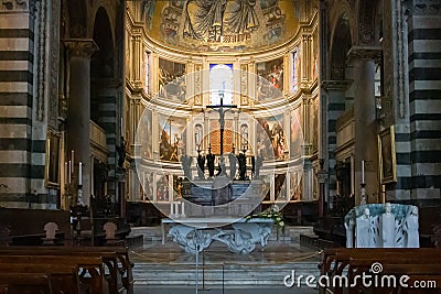 Panoramic view and interior details of Pisa Cathedral, a medieval Roman Catholic cathedral in Pisa, Italy Editorial Stock Photo