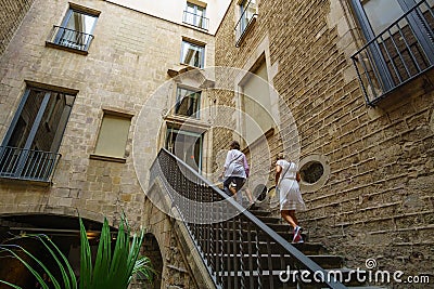 Panoramic view of the interior of Museu Picasso de Barcelona.The museum houses one of the most extensive collections of artworks Editorial Stock Photo