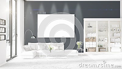 Panoramic view in interior with white couch, empty frame Stock Photo