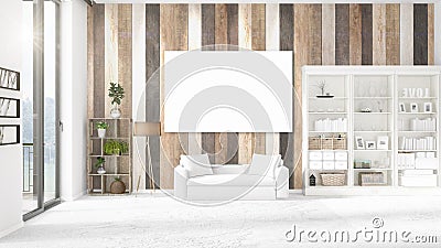 Panoramic view in interior with white leather couch, empty frame and copyspace in horizontal arrangement. 3D rendering. Stock Photo