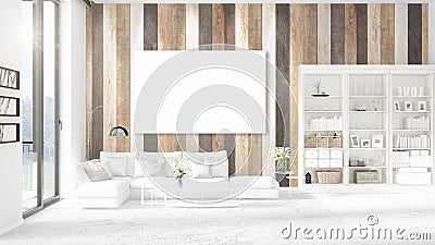 Panoramic view in interior with white leather couch, empty frame Stock Photo