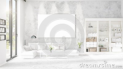 Panoramic view in interior with white leather couch, empty frame Stock Photo