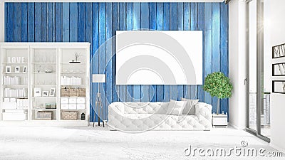Panoramic view in interior with white leather couch, empty frame Stock Photo