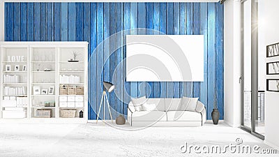 Panoramic view in interior with white leather couch, empty frame Stock Photo