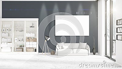 Panoramic view in interior with white leather couch, empty frame Stock Photo