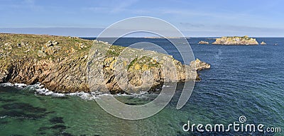 Panoramic view at islets Cenis at left and Guric at right from western coast of Houat island in French Brittany Stock Photo