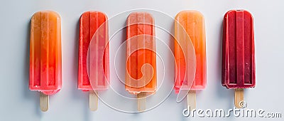 Panoramic view of isolated orange and strawberry popsicles on a white background. Generative AI Stock Photo