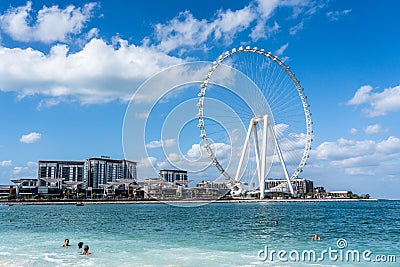Panoramic view from JBR Beach with Ain Dubai Bluewaters island with the highest ferris wheel Editorial Stock Photo