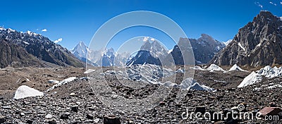 Panoramic view of K2 trekking route from Goro II camp to Concord Stock Photo